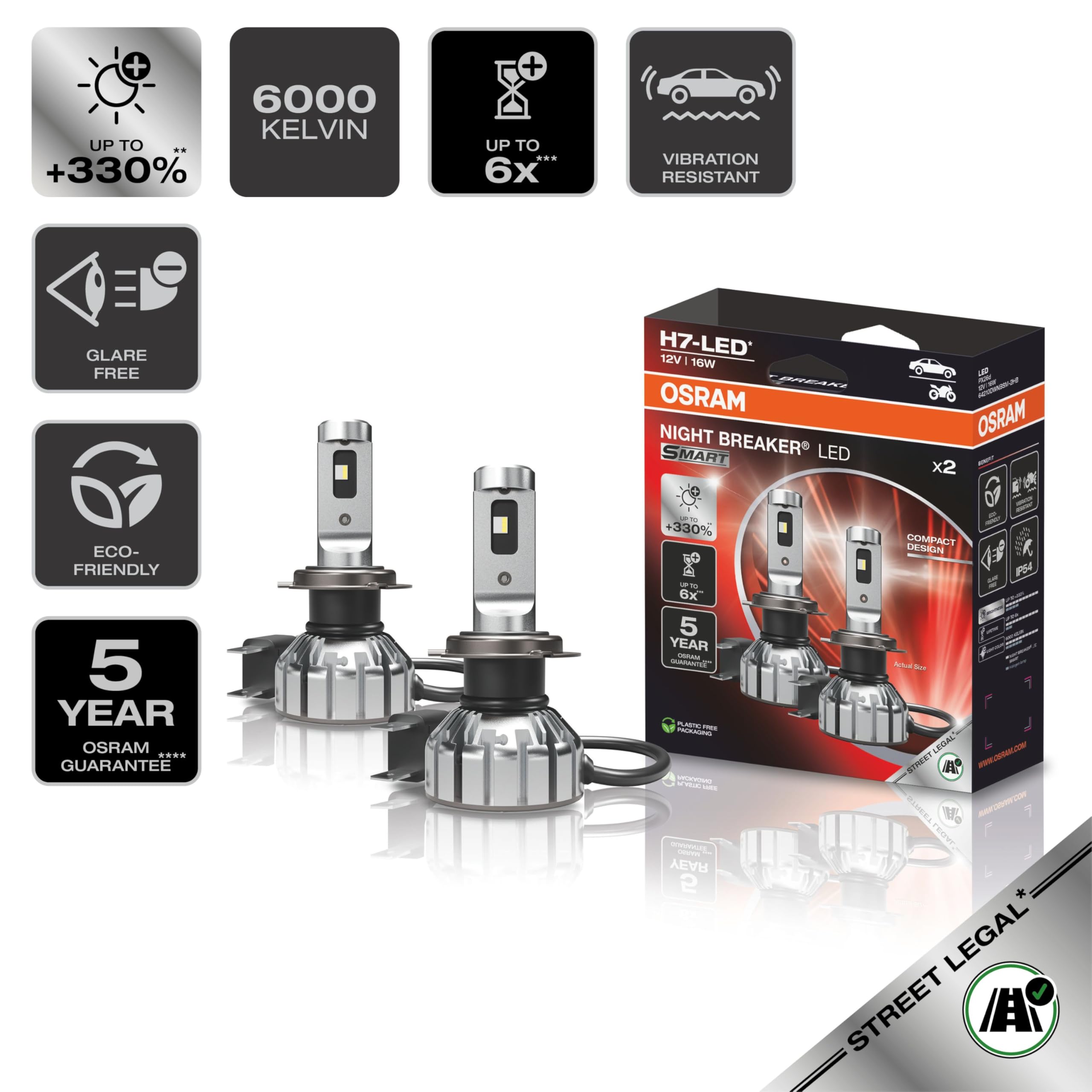 Osram NIGHT BREAKER LED SMART H7; bis zu 330% mehr Helligkeit; 6000K, 12V, LED-Fern- und Abblendlicht mit Straßenzulassung, white 3