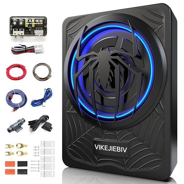 1200W SUBWOOFER, SLIM UNDERSEAT CAR SUBWOOFER AND AMP PACKAGE WITH AMBIENT LIGHT, INDIVIDUAL CONTROL FOR LOW PASS/GAIN/BOOST BASS, LOUD STEREO SOUND, DEEP BASS PERFECT FOR TRUCK/SUV/JEEP/MPV (BLACK)