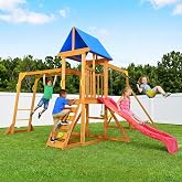 Wooden Swing Sets for Backyard with Monkey Bar, Outdoor Playset for Age 3-6 | Playground Set with Wave Slide for Kid Outdoor Play, 2 Belt Swings, Swingset with Rock Climbing Ladder, Play Deck with Canopy