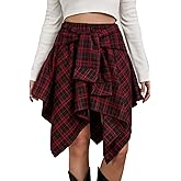 Women Waisted Knot Asymmetrical Plaid Skirts for Women Girl,Bling Rhinestone Bustier Short Skirt for Party Vacation