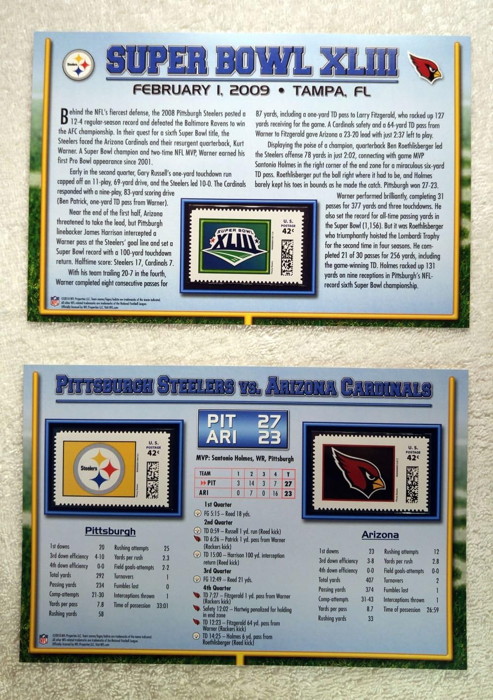 Super Bowl XLIII (2009) - Official NFL Super Bowl Stamp Collection - 2 Pieces / 3 Stamps - Pittsburgh Steelers vs Arizona Cardinals - Santonio Holmes MVP