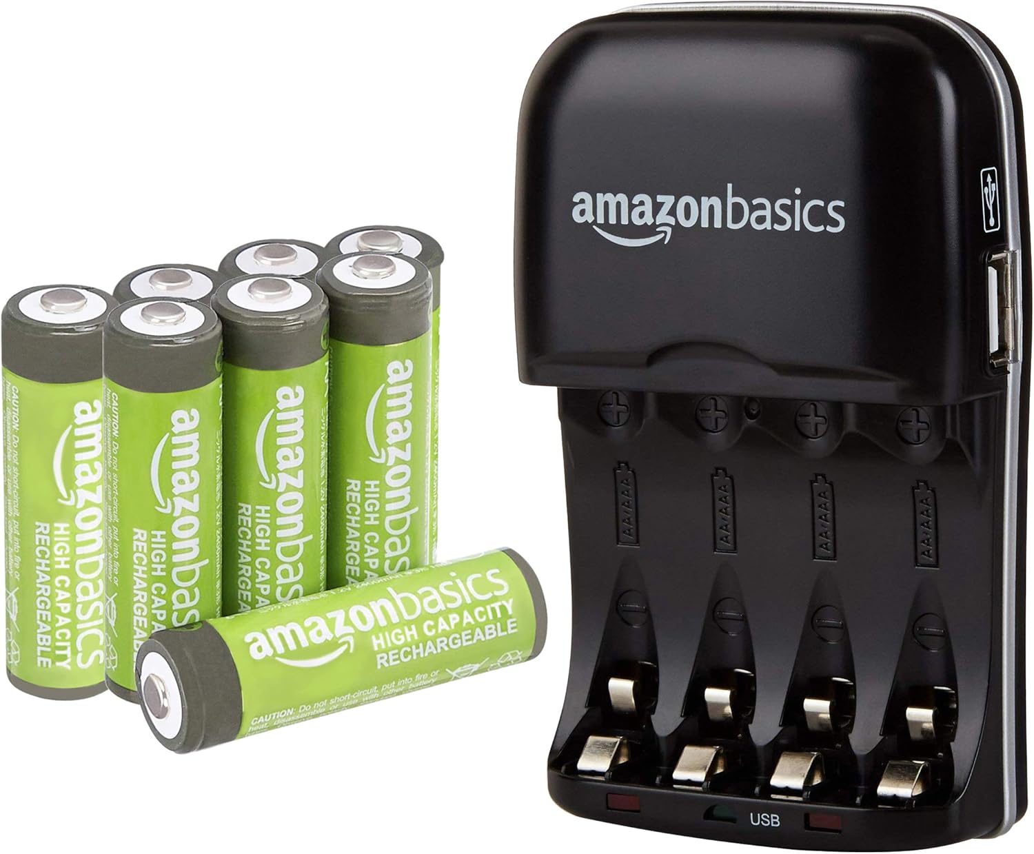 Basics AA High-Capacity Rechargeable Batteries (8-Pack) and Ni-MH AA & AAA Battery Charger With USB Port Set: Home Audio & Theater