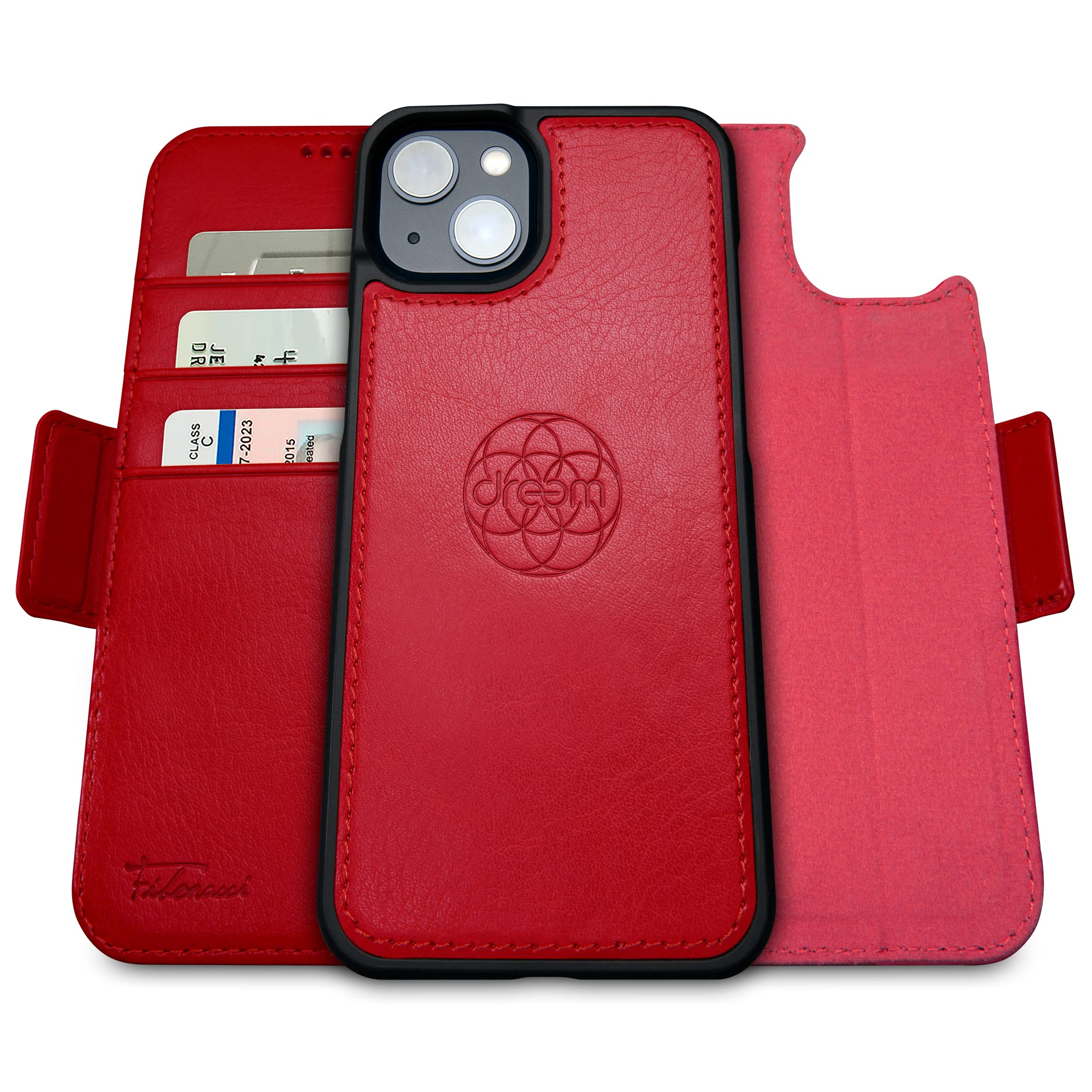 dreem 3-in-1 Wallet Case for iPhone 14/16e/17e | Built-In Kick-Stand, Magnetic Detachable Vegan Leather Flip Cover with RFID Blocking Card Holder, MagSafe Compatible, Gift Box [Fibonacci: Red] — image 1