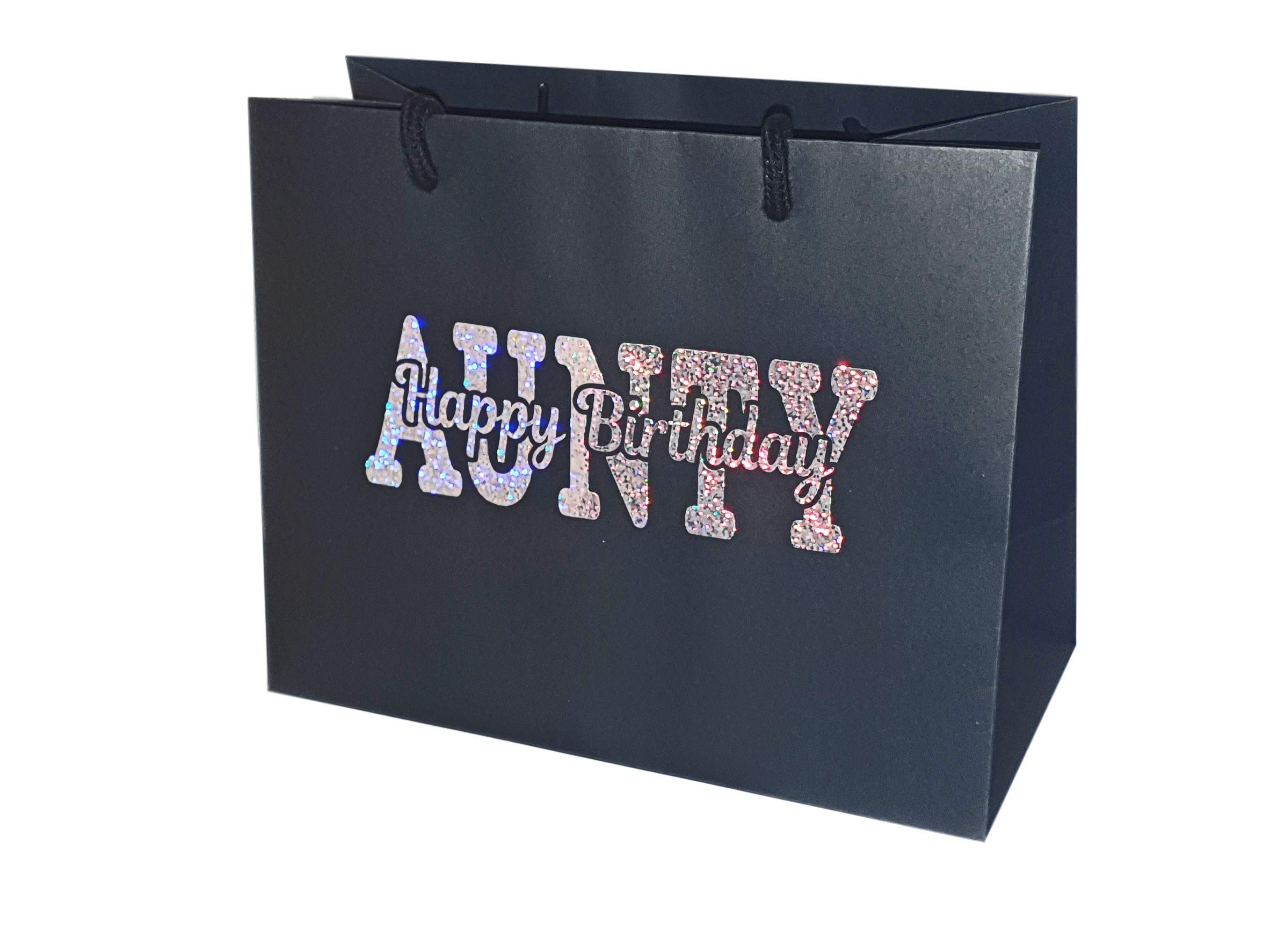 Aunty Happy Birthday Gift Bag - Holographic Glitter Gift Bag with Rope Handles and Tissue Paper - Birthday Ideas Aunt Auntie (Large)