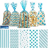 Blue Cellophane Treat Bags, Cellophane Treat Bags, 100 PCS Blue Candy Bag, Plastic Cookies Goodie Gift Bag with 100 PCS Twist Ties for Baby Shower Weddings Birthday Holiday Party Favor Supplies