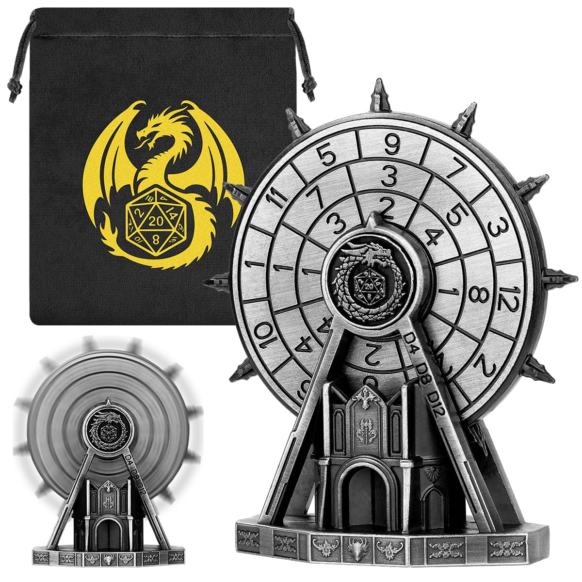 LULLEA Metal Dice Spinner – Ferris Wheel Style Tabletop RPG Dice Set with Dragon Crest, Fantasy Role Playing Game Accessory, Gift for Gamers, Silver with Gift Bag — image 1