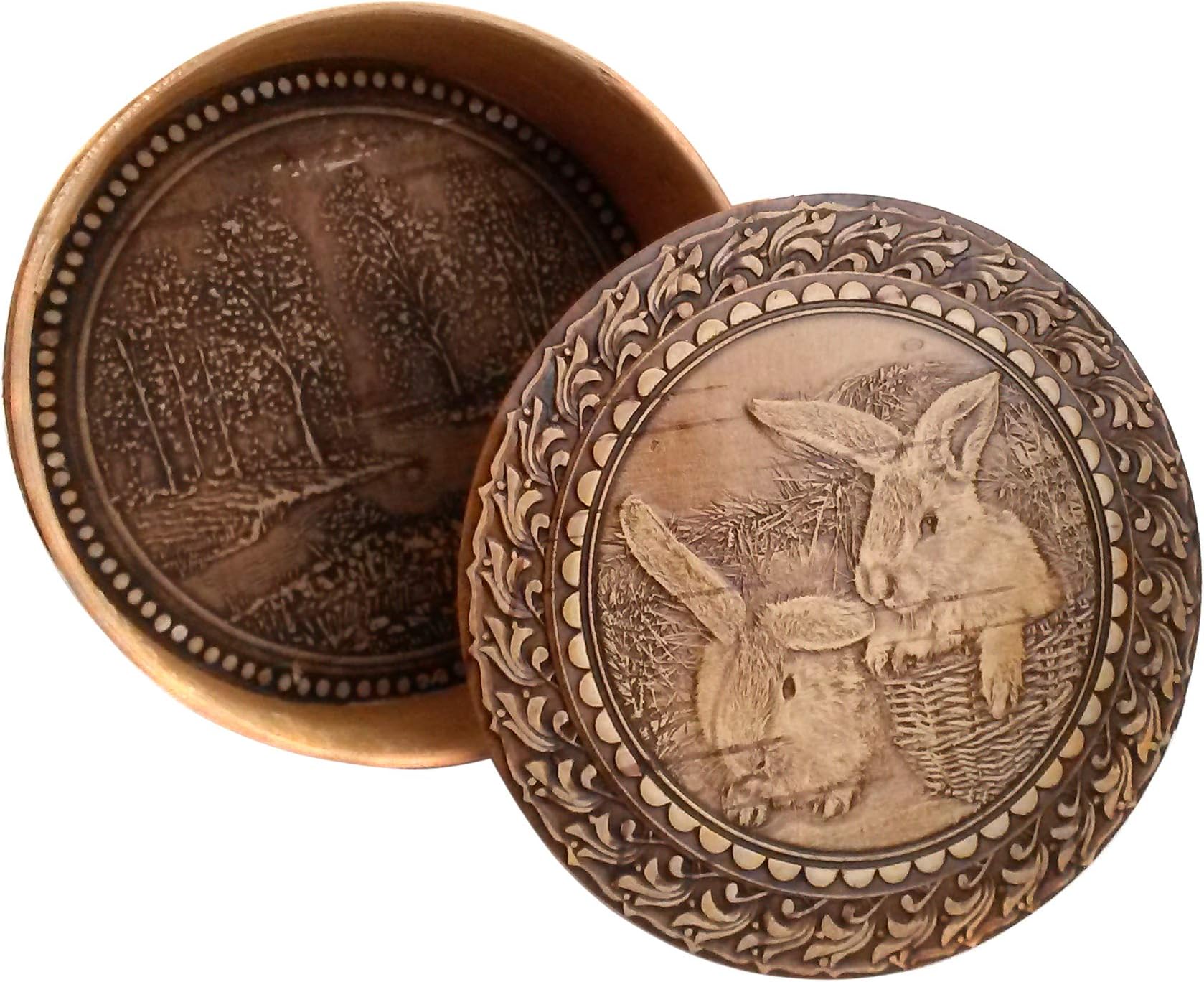 Round Decorative Trinket Birch Bark Wooden Box Animals (Rabbits)
