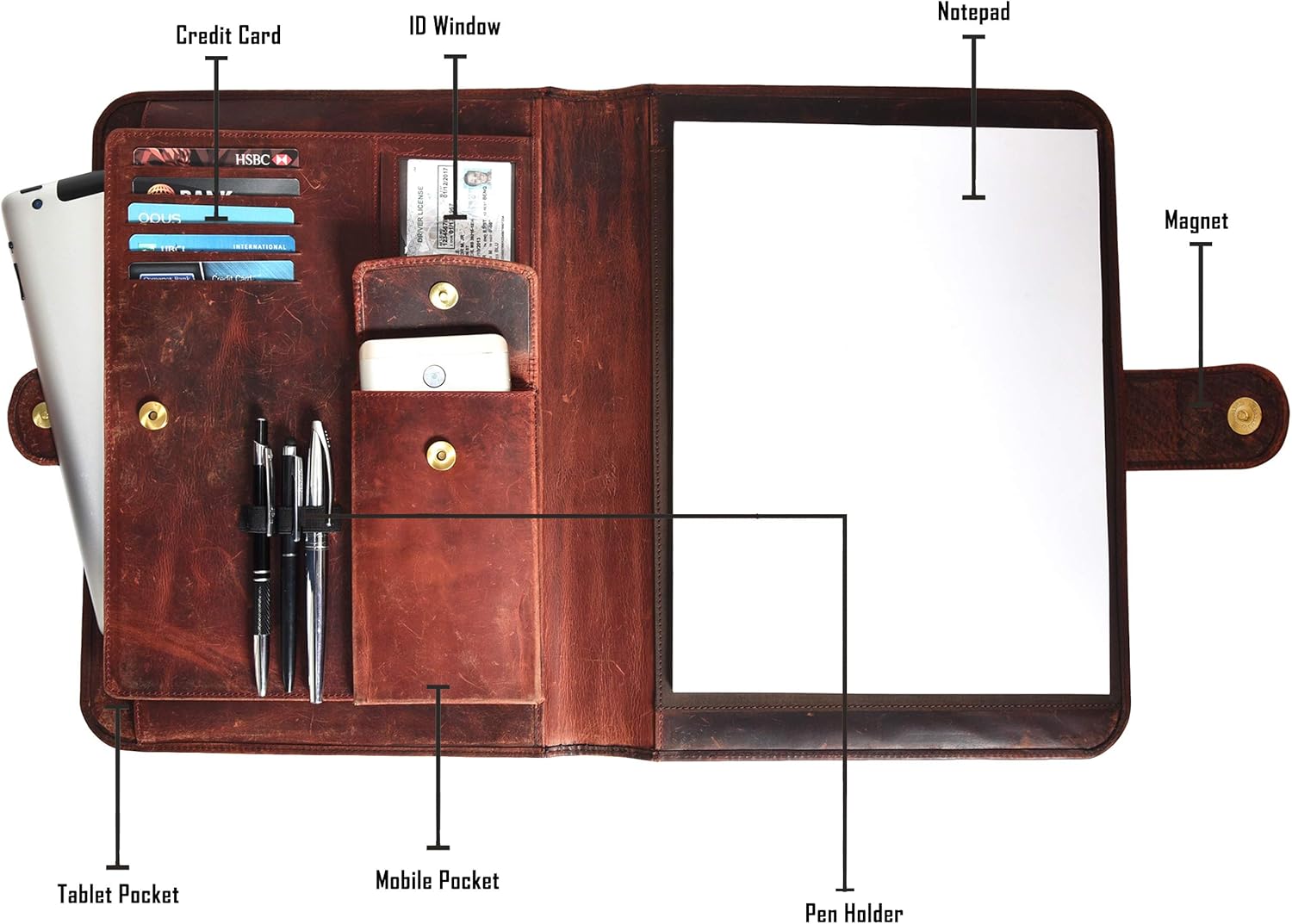 Leather Portfolio for Men and Women - Multi Pocket Padfolio Folder (Brown Crazy Horse) : Office Products