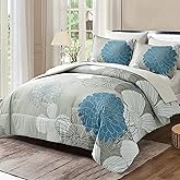 Yiran 7 Pieces Bed in a Bag Blue Floral Comforter Set Queen Size Flowers Comforter Set Soft Microfiber Bedding Set (1 Comforter 1 Flat Sheet 1 Fitted Sheet 2 Pillowshams 2 Pillowcases)
