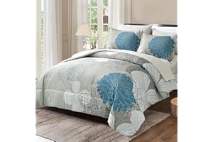 7 Pieces Bed in a Bag Blue Floral Comforter Set Queen Size Flowers Comforter Set Soft Microfiber Bedding Set (1 Comforter 1 F