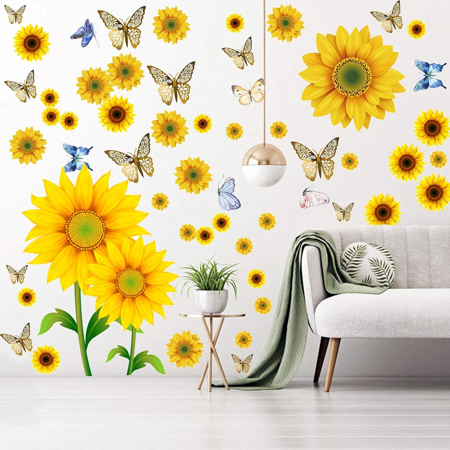 100Pcs Sunflower Wall Stickers with 3D Metallic Hollow-Out Butterfly, EsLuker.ly Removable Vinyl DIY Yellow Flower Mural Decor Daisy Floral Decals for Living Room Bedroom Nursery Decoration