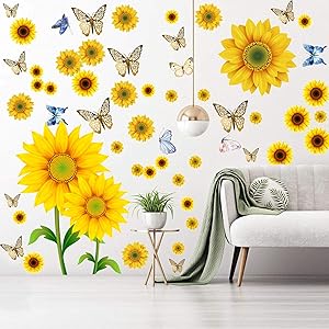 100Pcs Sunflower Wall Stickers with 3D Metallic Hollow-Out Butterfly, EsLuker.ly Removable Vinyl DIY Yellow Flower Mural Decor Daisy Floral Decals for Living Room Bedroom Nursery Decoration