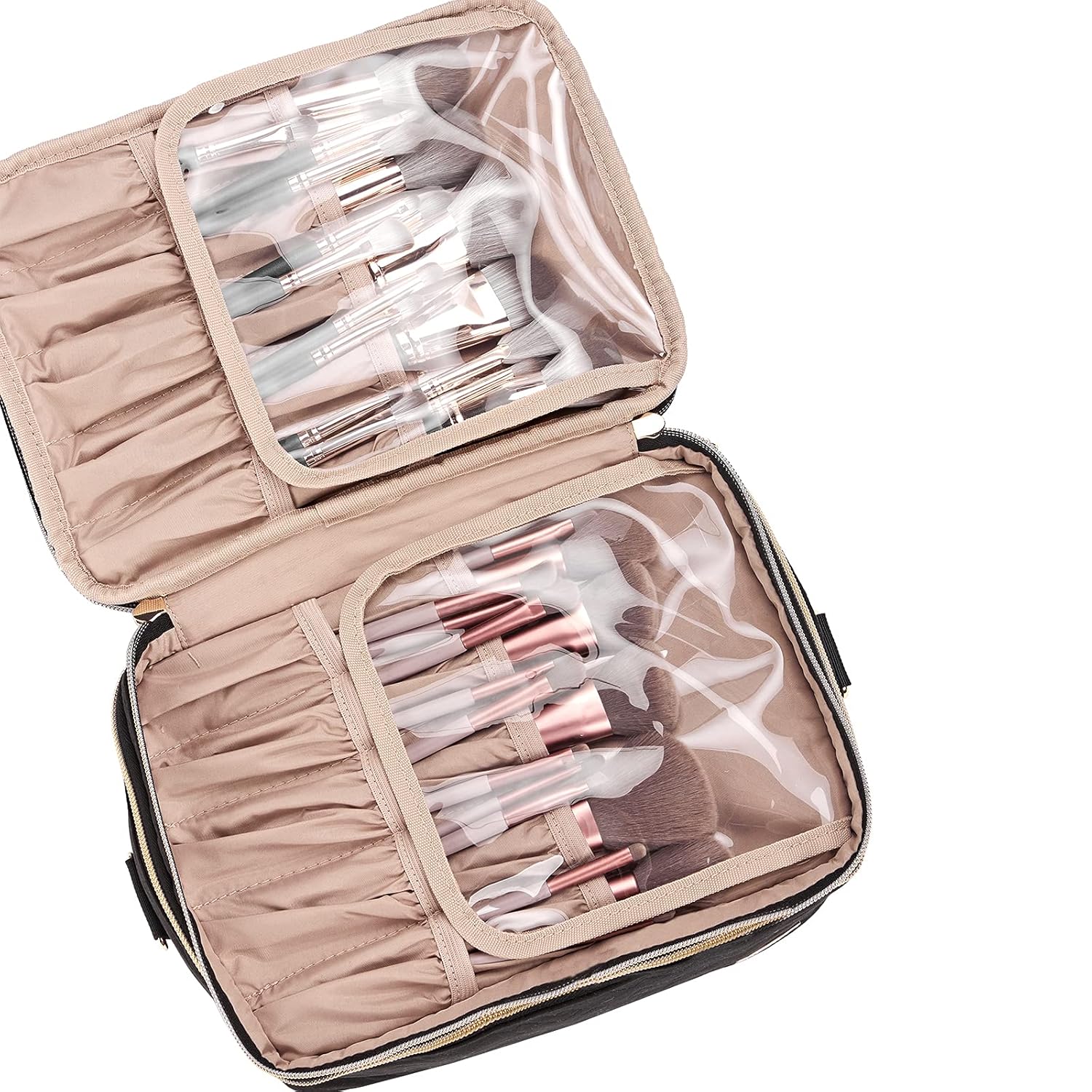 NISHEL Double Layer Travel Makeup Bag with Strap, Large Cosmetic Case Organizer Fits Bottles Vertically, Top Layer for Brushes, Tweezers, Eyeliner, Black : Beauty