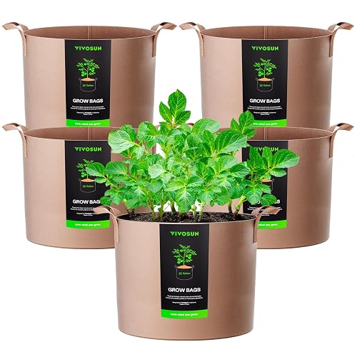 VIVOSUN 5-Pack 20 Gallon Grow Bags Heavy Duty 300G Thickened Nonwoven Plant Fabric Pots with Handles Tan