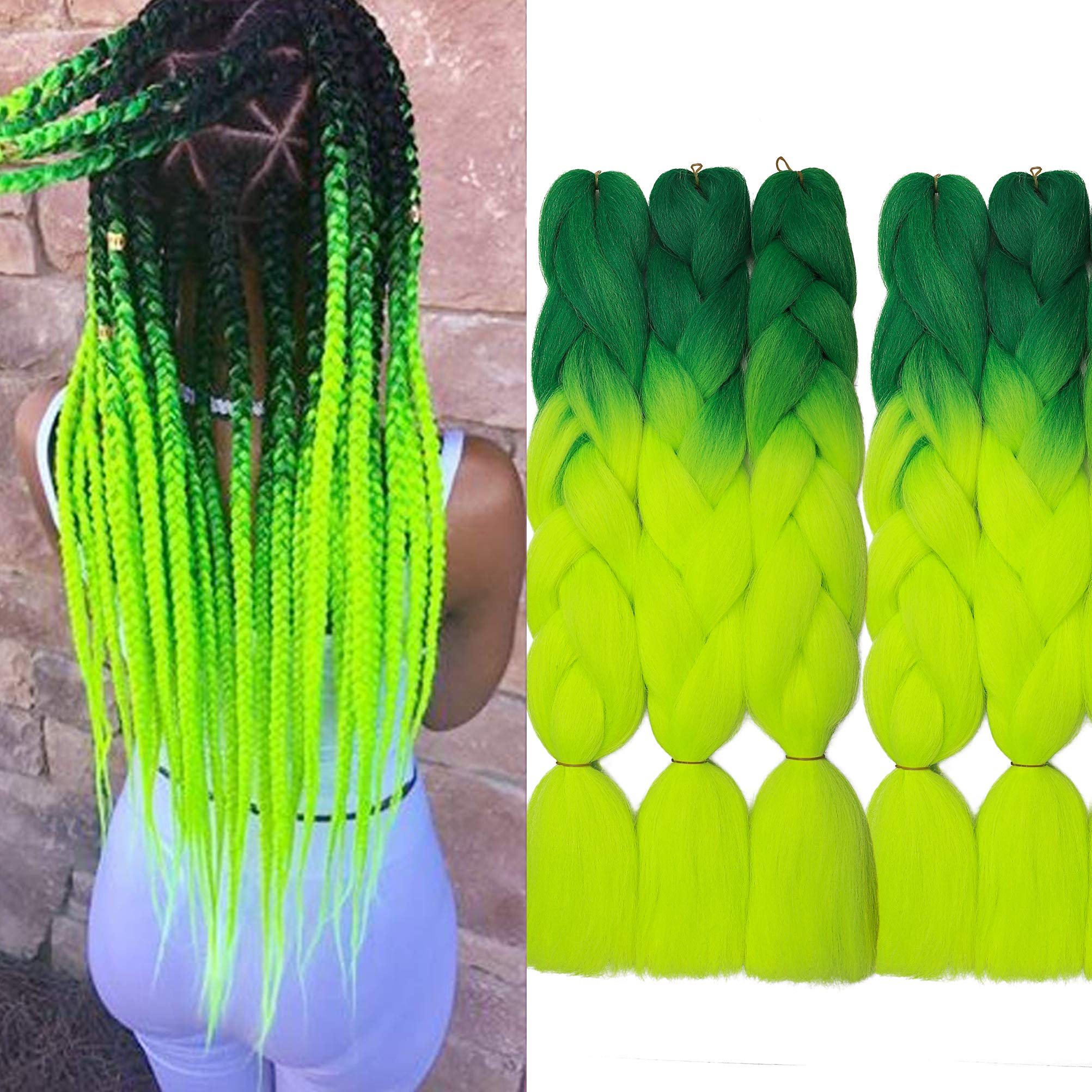 Ombre Braiding Hair 24inch Jumbo Braids High Temperature Fiber Synthetic Hair Extension 5pcs/Lot 500g for Twist Braiding Hair Dark Green to Chartreuse