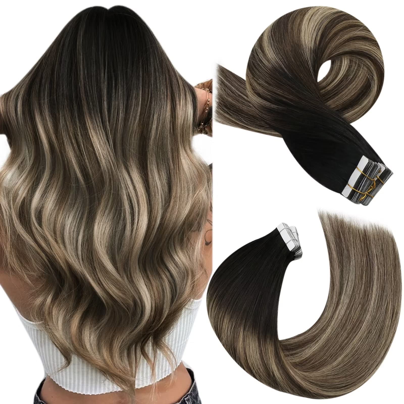 Moresoo Tape in Hair Extensions Human Hair 18 Inch Root Black Ombre Dark Brown with Caramel Blonde Tape in Hair Extensions Real Remy Human Straight Hair 20 Pieces/50g #1B/3/27 — image 1
