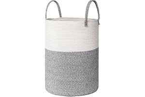 WILLITAT Large Woven Laundry Basket, 15”x18” Tall Blanket Basket Living Room, Cotton Rope Hamper for Bedroom Aesthetic, Baby Nursery, Wicker Hamper for Dirty Clothes, Kid Toy Laundry Storage Bin, Gray