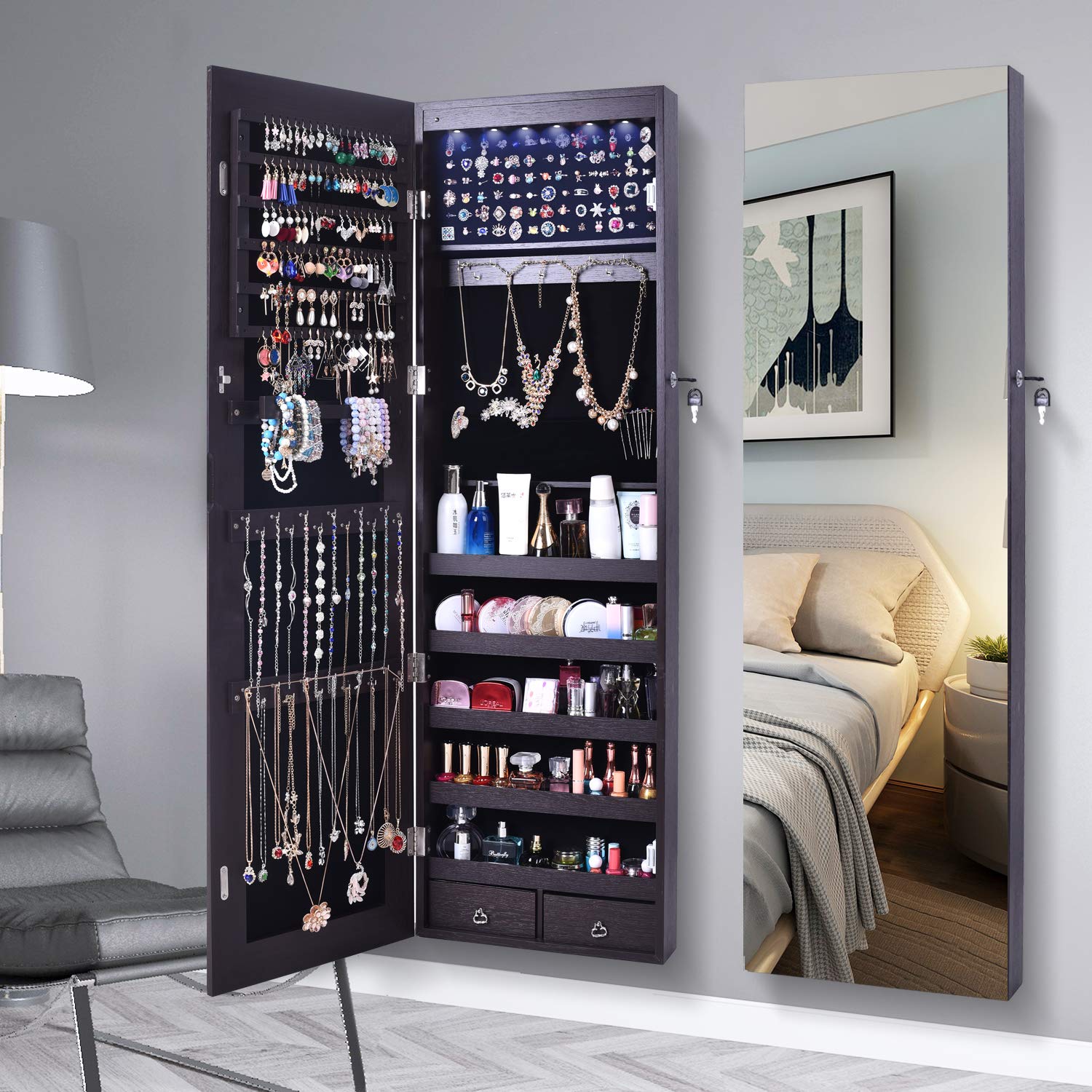 AOOU Jewelry Organizer Jewelry Cabinet,Wall Mounted Jewelry Organizer with Mirror, Full Length Mirror,Large Capacity Dressing Mirror Makeup Jewelry Armoire，Brown