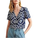 SHENHE Women's Summer Boho Top Button Down V Neck Floral Embroidered Dressy Blouse Shirt