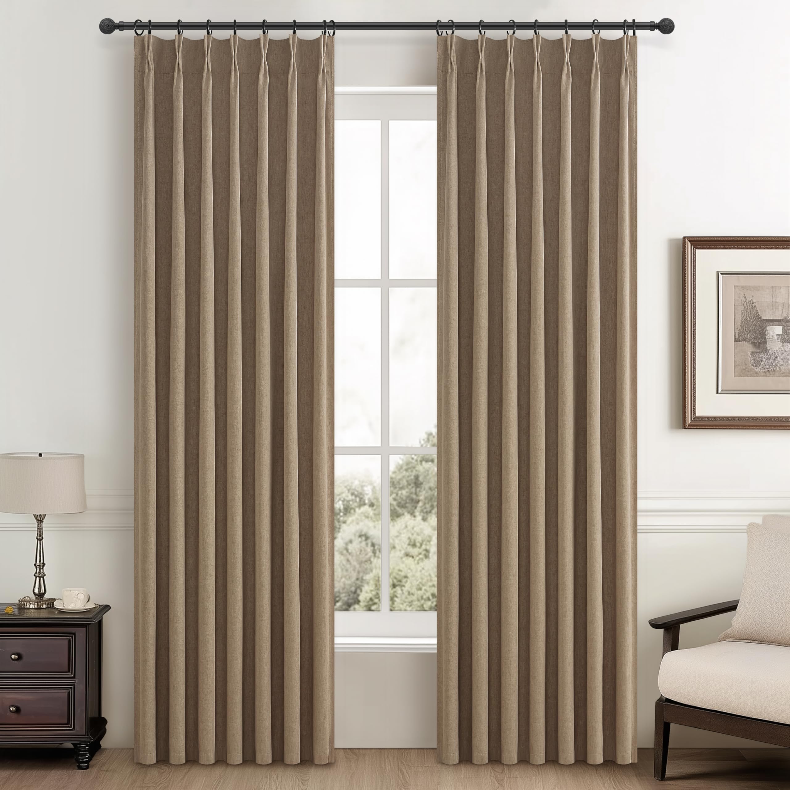 Photo 1 of Rust Brown Living Room Curtains 84 Inches Long,Tan Beige Pinch Pleated Linen Basics Window Curtains Total Blackout Burlap Sunblock Thermal Drapes Cabin/Office/Nursery Room Divider (40"x84" 2panels)