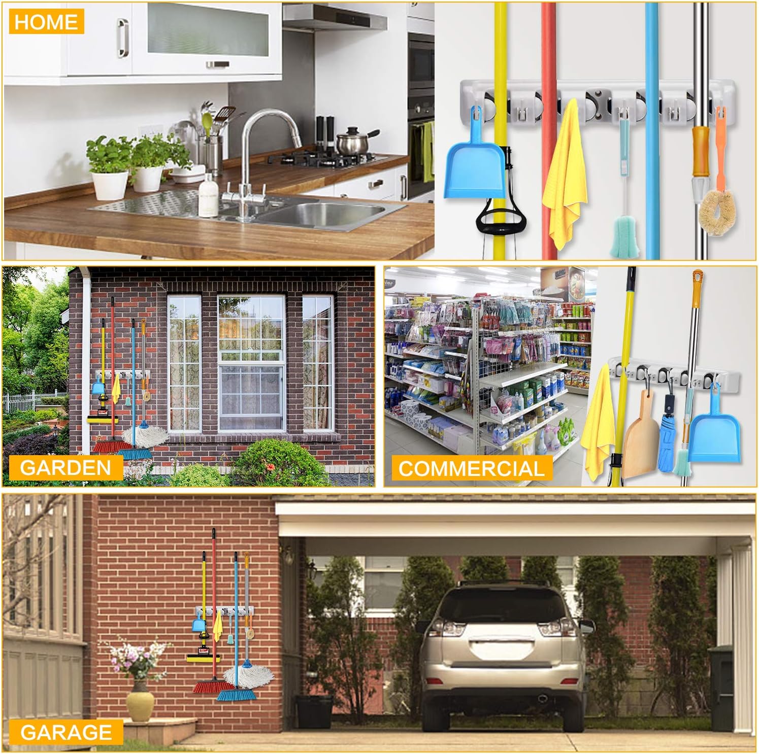 Mop Broom Holder, Wall Mounted Commercial Organizer Storage Rack for Garden Tools, Kitchen, Garage and Laundry [5 Slots with 6 Hooks]: Home Improvement
