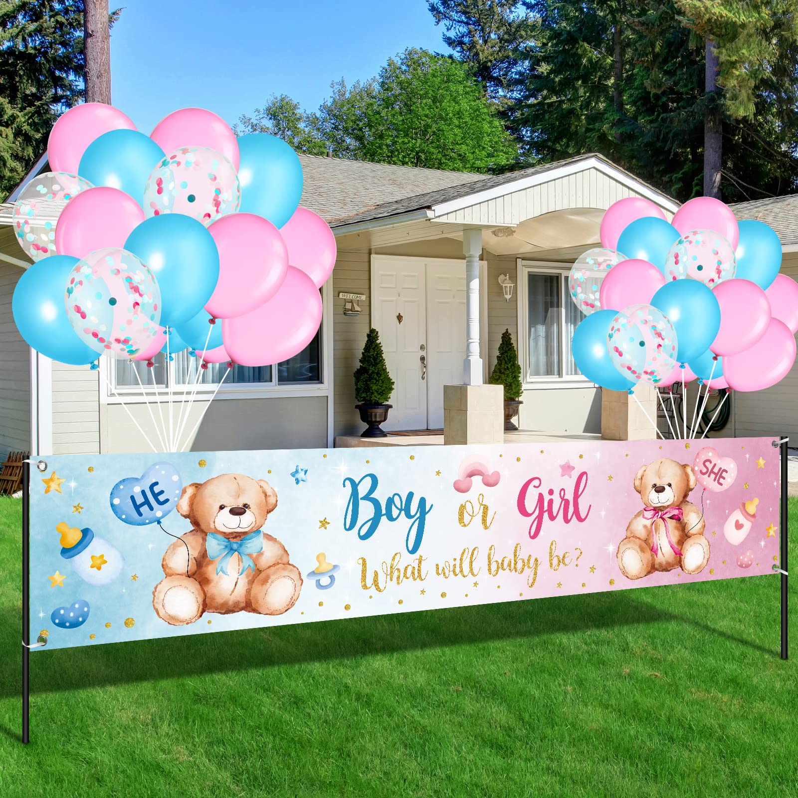 Photo 1 of Charnoel 39 Pieces Gender Reveal Banner and Balloon Set Gender Reveal Party Decorations Boy or Girl Yard Sign Banner with Blue and Pink Balloons Party Decoration for Baby Shower