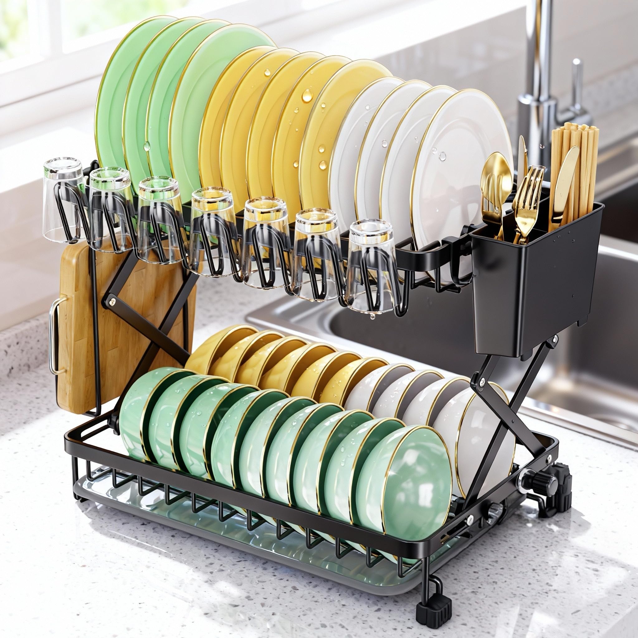 Photo 1 of 2-Tier Dish Racks for Kitchen Counter, Stainless Steel Kitchen Dish Drying Rack Large Dish Drainers for Kitchens Counter, Space Saving Dishes Strainer for Bowl, Plate, Cup - Modern Counter Organizer
