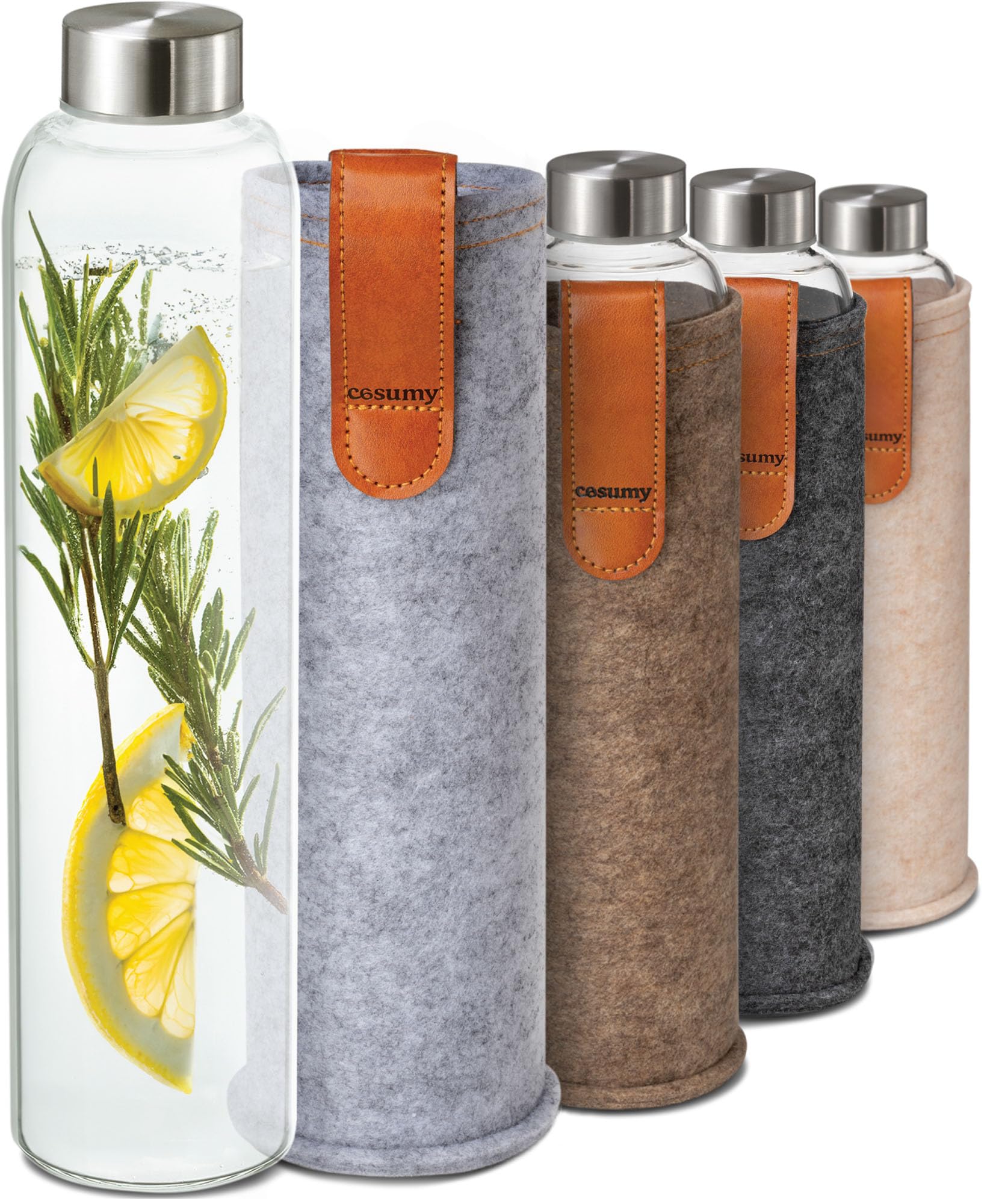 Cosumy Glass Water Bottle 750ml with Felt Cover - Dishwasher Safe - Leakproof - BPA Free - Carbonated Suitable (Grey)