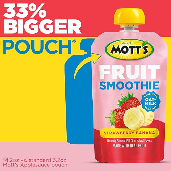 MOTT’S FRUIT SMOOTHIES STRAWBERRY BANANA, 4.2 OZ CLEAR POUCHES, 8 PACK, NON-DAIRY, MADE WITH OATMILK, MADE WITH REAL FRUIT, GOOD SOURCE OF CALCIUM, ON-THE-GO