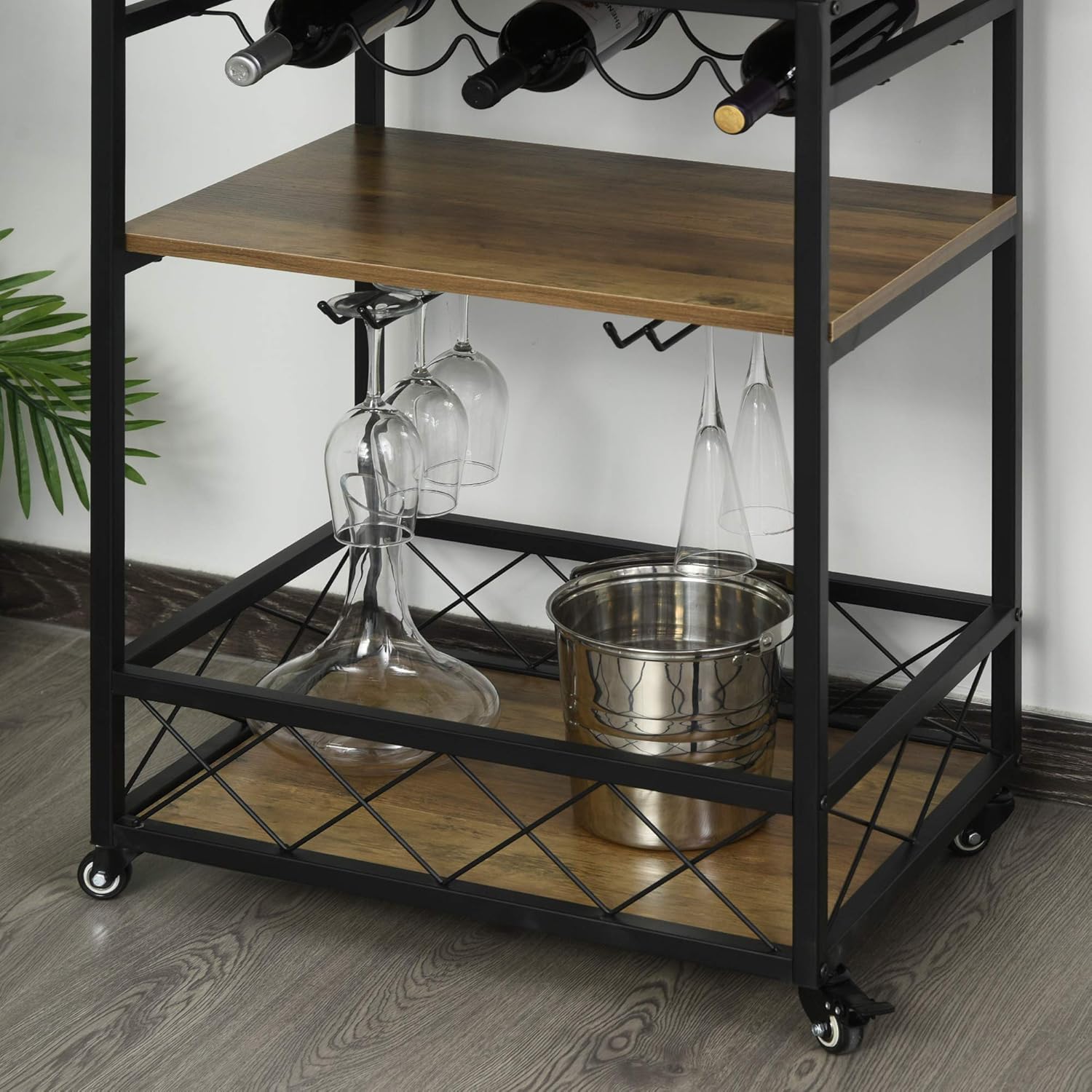 Furniture Homcom Retro Industrial Bar Serving Cart Rolling Kitchen Island Storage Utility Trolley With 5 Bottle Wine Rack Serving Tray Home Heiber Com My