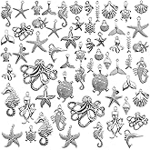 Jdesun 100g Ocean Charms,Mixed Fish Sea Creatures Charms Pendants for Jewelry Making DIY Necklace Bracelet 58-62 Pieces(Antique Silver)