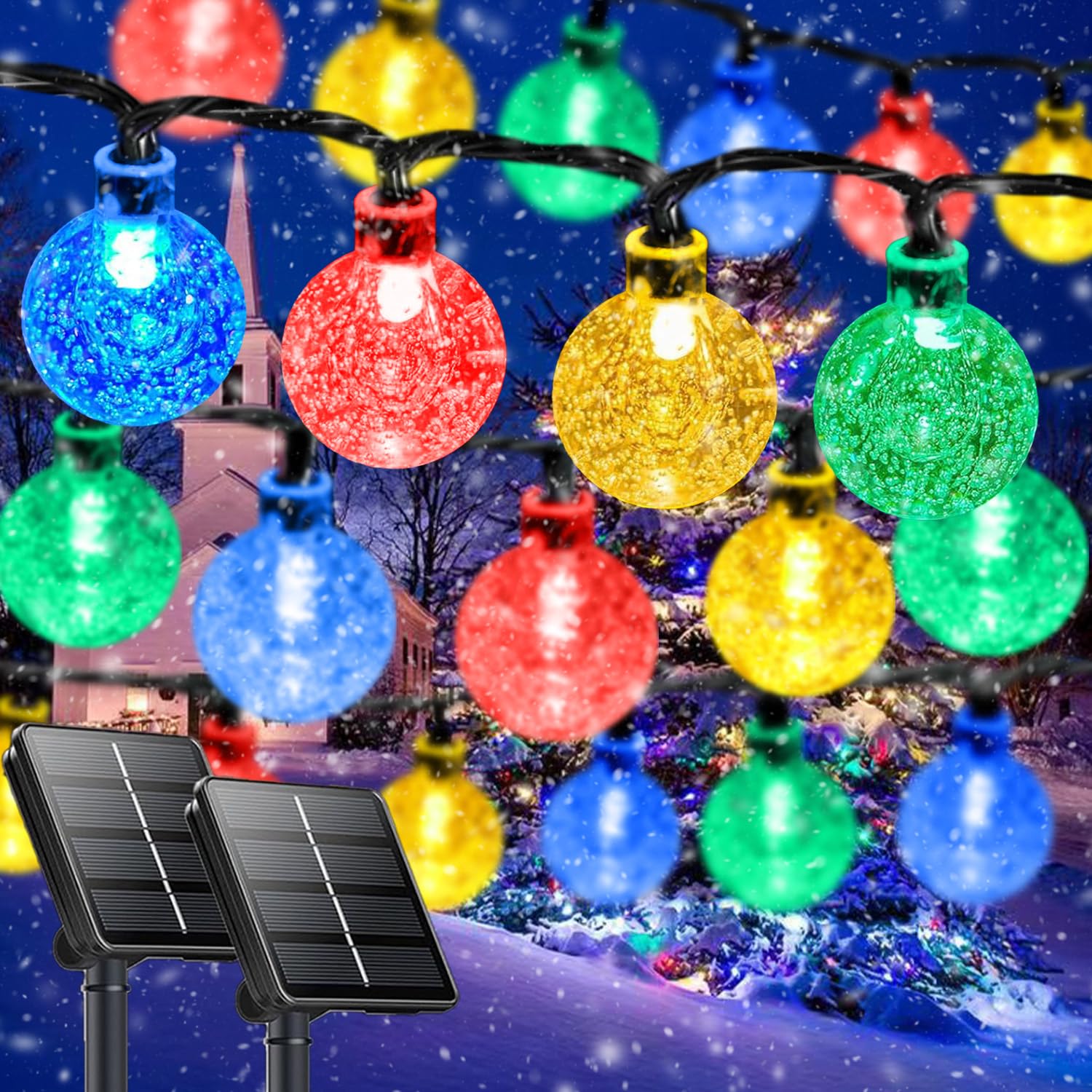 Photo 1 of Multicolor Solar Christmas String Lights Outdoor, 2-Pack 100 LED 64FT Crystal Globe Solar Lights Outdoor Waterproof with 8 Lighting Modes, Christmas Decorations for Xmas Tree Wedding Patio Party