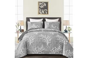 DJY Grey Quilt Set Queen Size - Branch Botanical Pattern Bedspread Coverlet Set, 3 Pieces Gray Floral Quilt Bedding Set, Soft Lightweight Microfiber Reversible Summer Quilt Set