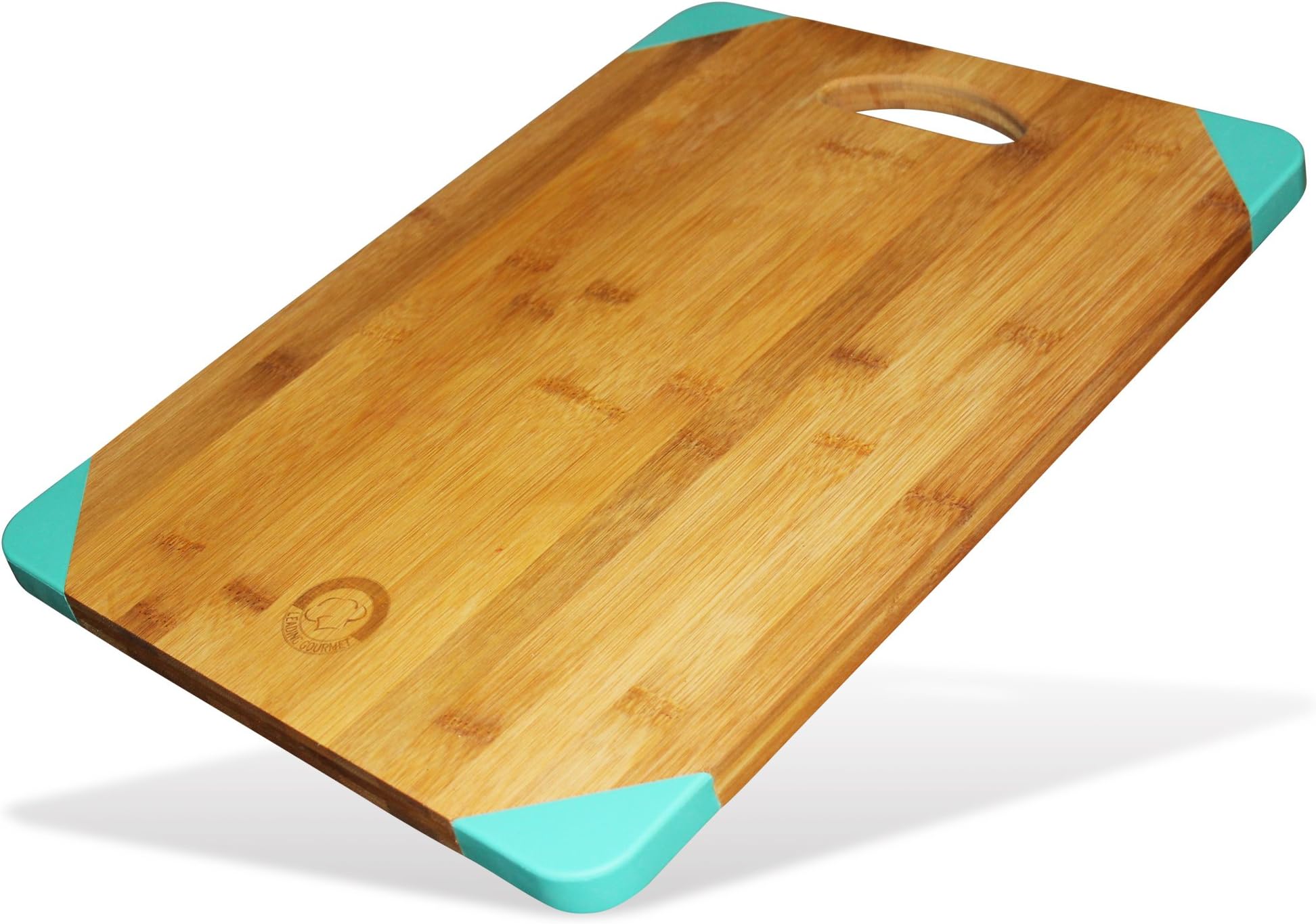 Leading Gourmet Non-Slip Bamboo Wood Cutting Board - Organic Eco-Friendly Wooden Kitchen Chopping Tray and Cheese Plate or Gift, 15.6x11.5x0.7 Inch, Teal Silicone Corner Feet