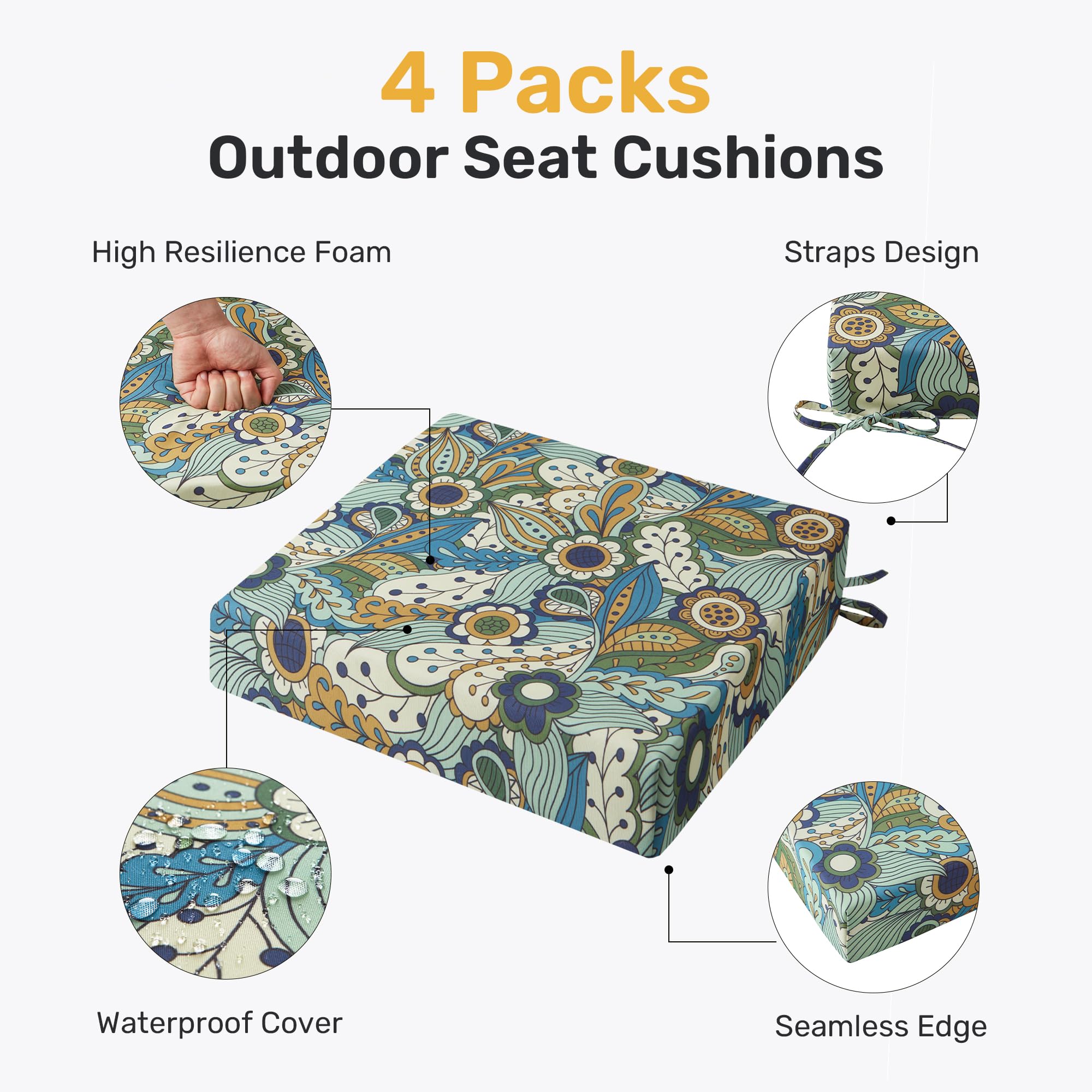 Condition photo showing New/Like New for unikome outdoor chair cushions pack of 4, water resistant patio cushions with ties, high density spo