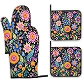 Vintage Hippie Flower Oven Mitts and Pot Holders,Heat Resistant Oven Mitts Gloves and Pot Holder for Home Kitchen Decorations Cooking Baking BBQ Gifts,Set of 4