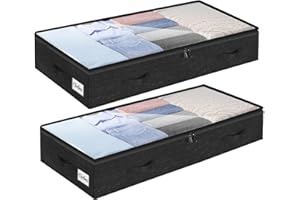 KUKIKAN 2 Pack 100L Under Bed Storage Containers, Low Profile Closet Organizers and Storage Bins for Dorm, Foldable Underbed Bag for Clothes, Blanket, Sheet, Wrapping Paper, Clear Window & Dual Zippers, Black