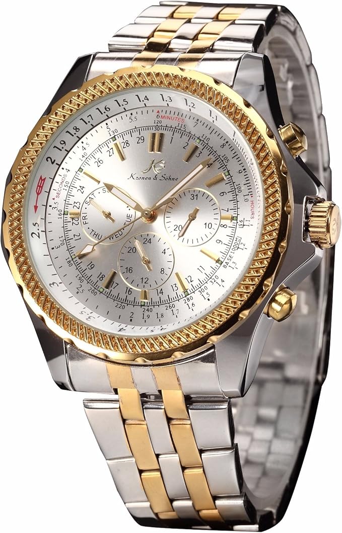 KS Imperial Gold Silver Tone Day Date Automatic Mechanical Men's