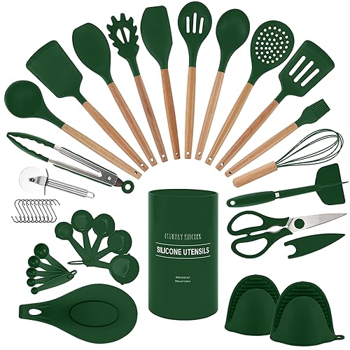 Country Kitchen Non Stick Silicone Utensil Set with Rounded Wood Handles for Cooking and Baking, 38 Piece Set, Green