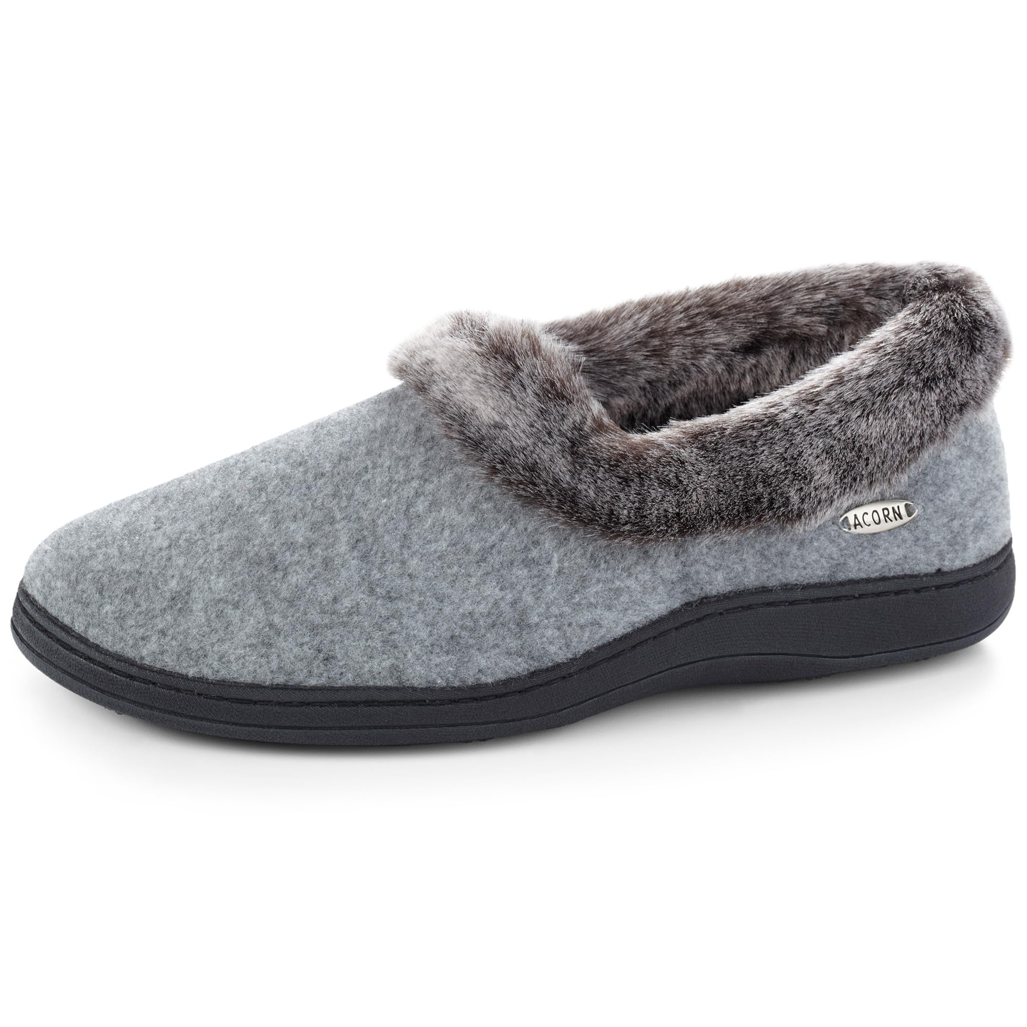 Acorn Women’s Faux Fur Chinchilla Collar Slipper, Stone, Medium / 6.5-7.5 Wide