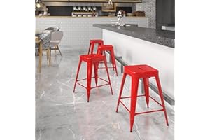 EMMA + OLIVER Commercial Grade 24" H Backless Red Metal Indoor-Outdoor Counter Height Stool