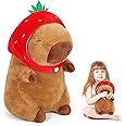 Cute Capybara Plush Wearing Strawberry Hat, 12 INCH Capybara Stuffed Toy Animals Plushies, Soft Capybara Doll Pillow for Kids Boys Girls Birthday Gifts