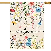 Baccessor Spring Summer Welcome Floral House Flag 28x40 Inch Double Sided Large Yard Flag Outside Outdoor Seasonal Burlap Flowers Flags Home Patio Decoration