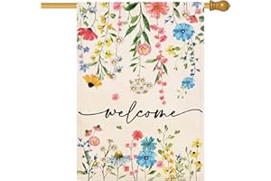 Baccessor Spring Summer Welcome Floral House Flag 28x40 Inch Double Sided Large Yard Flag Outside Outdoor Seasonal Burlap Flowers Flags Home Patio Decoration