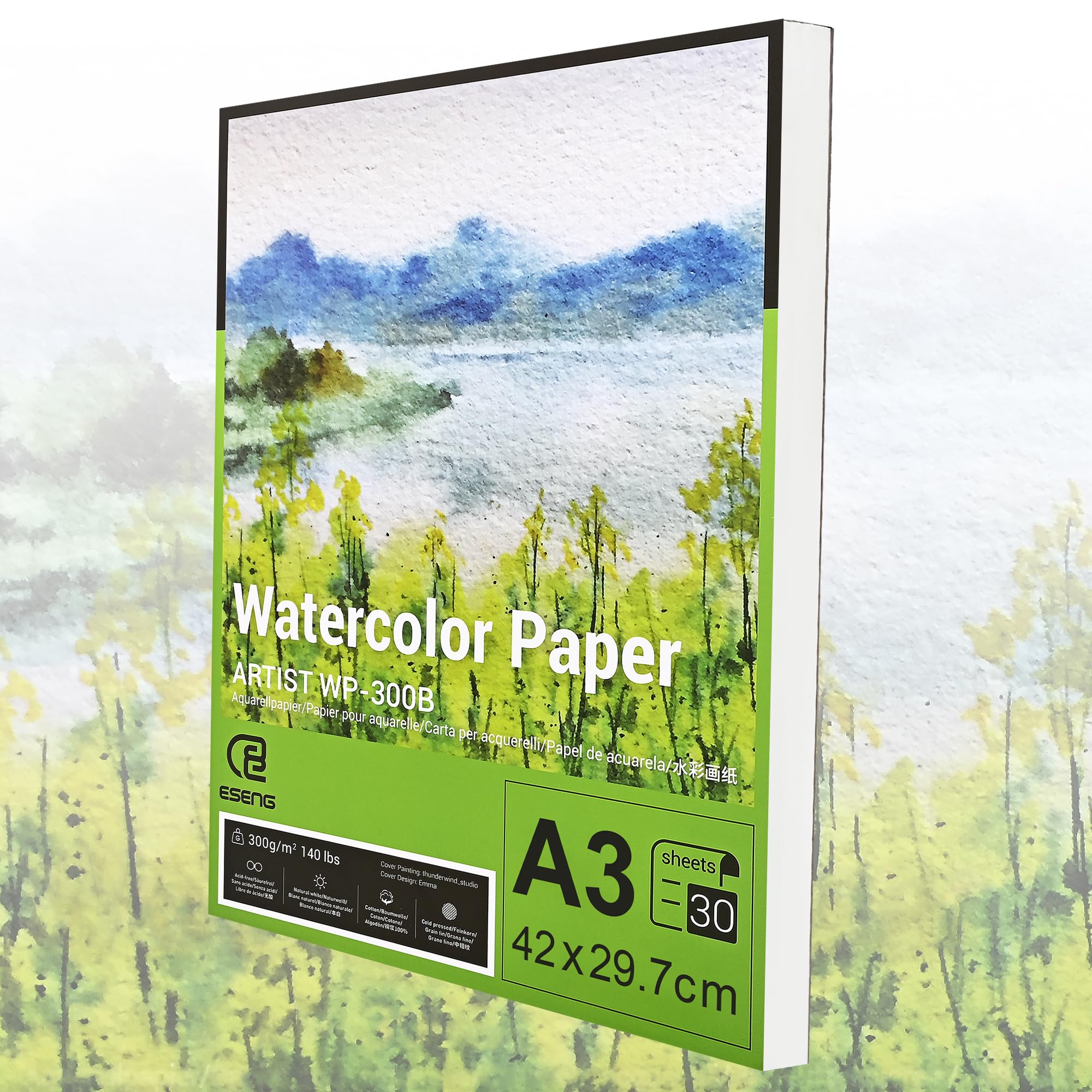 ESENG® Premium Watercolour Paper DIN A3, 100% Cotton - 30 x Sheets - 300 GSM - White, Watercolour Pad, Painting Pad Paper for Watercolour, Drawing, Painting