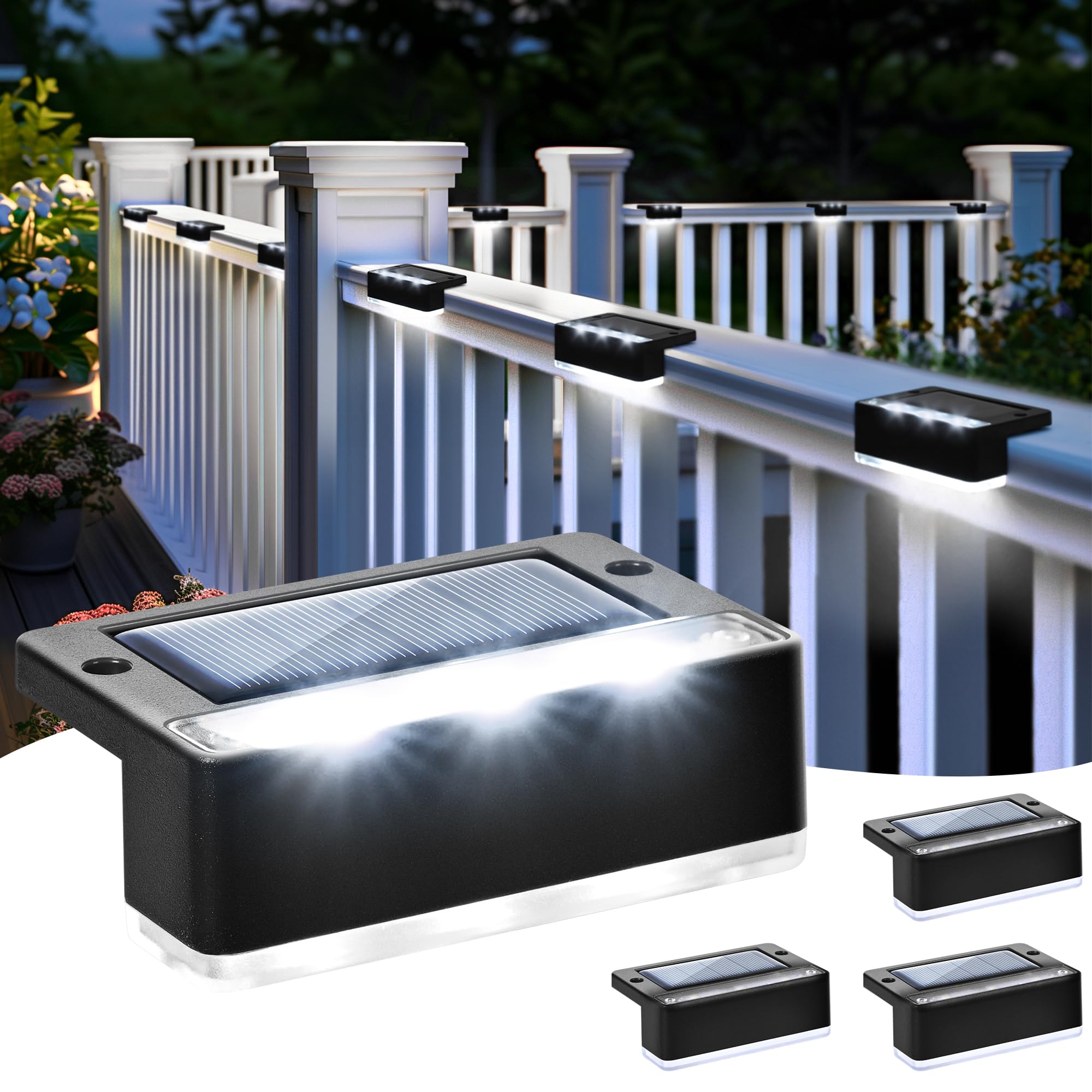 Solpex 4 Pack Solar Fence Lights,Waterproof Stair Light,Solar Garden Lights Outdoor,LED Lighting for Outdoor, Stairs, Steps, Fence, Garden, Yard, Patio, Gutter, Pathway (Cold White,Black) — image 1