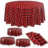 Remagr Disposable Checkered Tablecloth Round Plastic Buffalo Plaid Table Cloth 84'' Gingham Tablecover for Picnic Camping BBQ Graduation Party (Red and Black,3 Pieces)