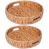 GoodVieco Wicker Tray (13 inch) Set of 2– Rattan Serving Trays with Handles, Handwoven Water Hyacinth Basket Trays for Coffee Table, Ottoman, Kitchen, Rustic Natural Home Decor (Round)