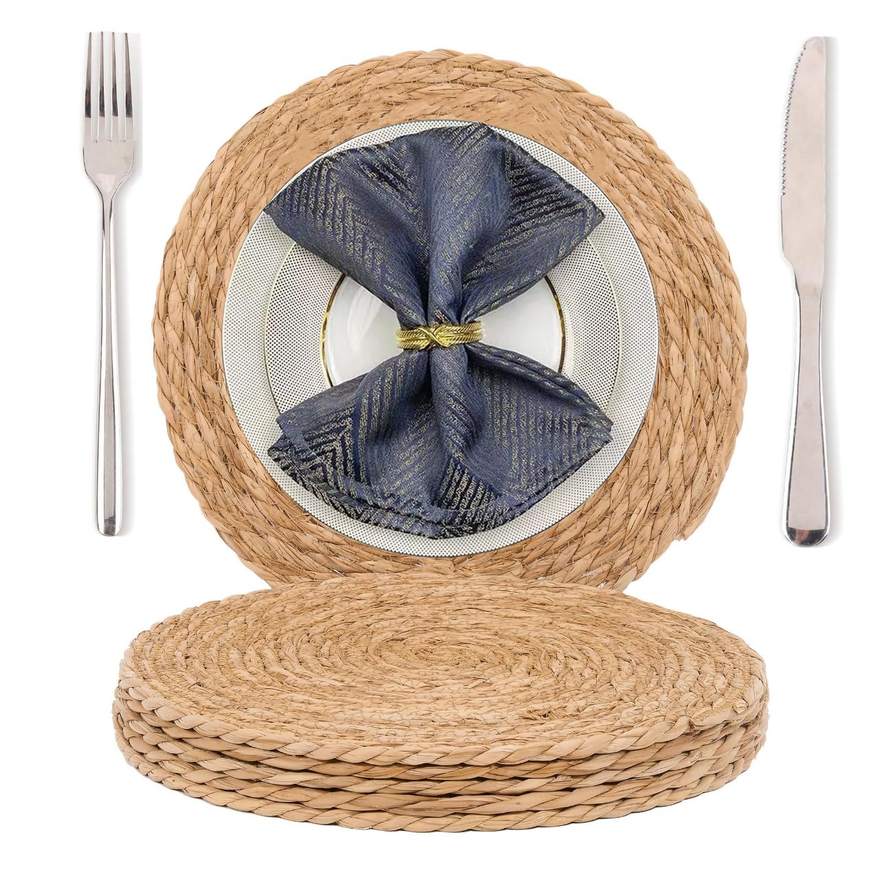 Round Woven Placemats Set of 6, Natural Handwoven Water Hyacinth Placemats,Place Mats For Table, 30CM Rustic Farmhouse Braided Wicker Table Mats for Dining,Home, Wedding Decor