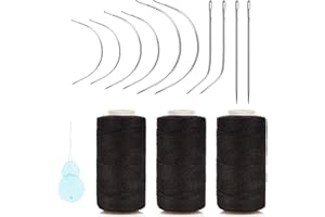 XCZYN Needle and Thread Set Professional Hair Extension Tools 10Pcs Curved Needle with 3Pcs Black Threads for Making Wig DIY Hand Sewing Hair Weave Extension (3 Thread, Black)